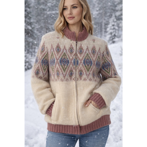 Alafoss of Iceland Sweaters - Vintage Alafoss of Iceland Nordic Women’s Zip-Up Sweater Coat Diamond Icewool